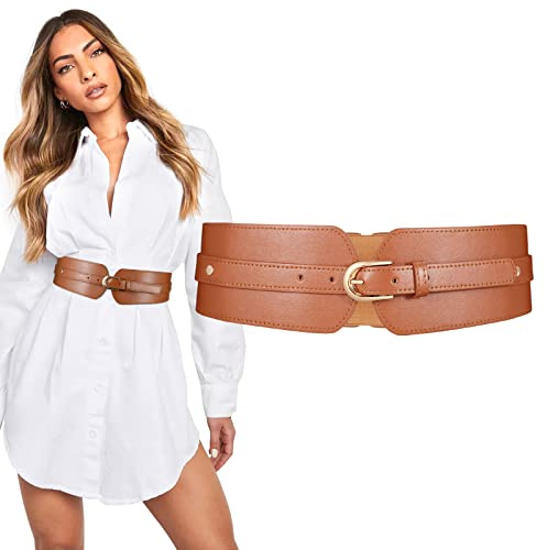 JASGOOD Women Elastic Stretchy Wide Belt Retro Leather Waist Belt for Ladies Dress with Metal Buckle