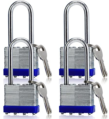 4 Pack Outdoor Padlocks with Keys Long Shackle Keyed Alike Padlocks with 8 Keys 40mm Heavy-Duty Locks for Gate Fence Toolbox School Gym