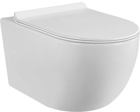 WC Suspendu Blanc Sans Bride avec Fixations Invisibles + Abattant Ultra Fin Déclipsable + Frein de Chute (Blanc)