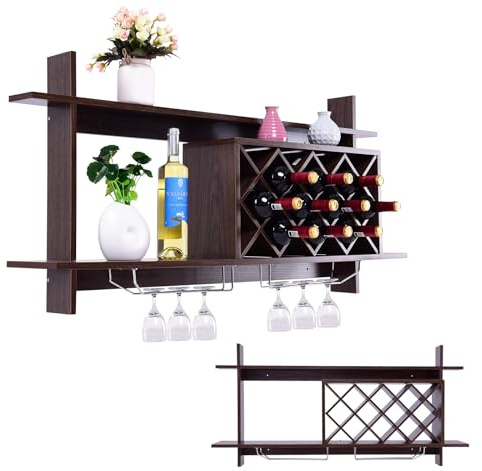 KOMFOTTEU Portabottiglie da Parete per 10 Bottiglie, Scaffale per Vini Appendibile con 2 Supporti per Bicchieri, Supporto per Bottiglie a Parete, Scaffale in Legno, Cucina, Cantina, 120 x 58 x 20 cm