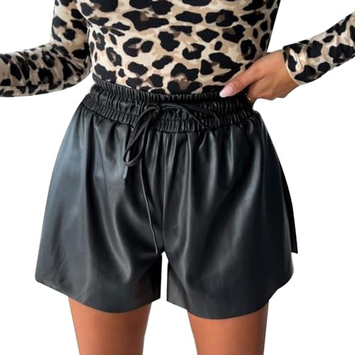 fxwtich Short de contrôle du ventre pour femme, couleur unie, simili cuir lisse, rétro, cordon de serrage, taille haute élastique, ligne a, poches latérales plissées, soirée en club, rencontres