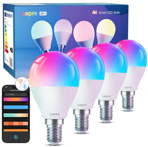 Lepro BP1 IA Ampoule Connectée E14, Compatible avec Alexa et Google Assistant, Assistant Concepteur d'éclairage IA, E14 G45 WiFi et Bluetooth, Multicouleurs RGBCCT, Contrôle Vocal, Music Sync, 4 PCS