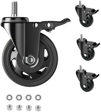 RRIUTO Heavy Duty 75MM Castor Wheels with Brake, Furniture Casters with M10x1.5x30mm Screw Stem, Double Bearing Stem Castors Swivel Wheels for Furniture, Set of 4 PU Trolley Castors up to 400kg