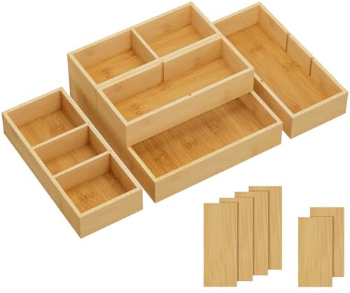 Lifewit Set di 5 Organizer Cassetti con 6 Inserti, Scatola Portaoggetti Regolabile con 11 Scomparti, Contenitori Divisori Cassetti in Legno per Utensili da Cucina, Trucco, Gioielli, Ufficio, Bagno