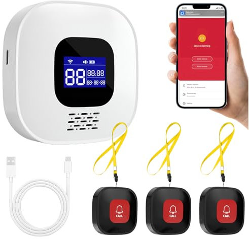 Bracelet Alarme Personne Agee, WiFi Smart SOS Alarme de Bouton d'urgence pour Patients âgés handicapés, 3*Bouton D'appel d'urgence+1*Récepteur (Supporte Uniquement Le Wi-FI 2.4GHz)