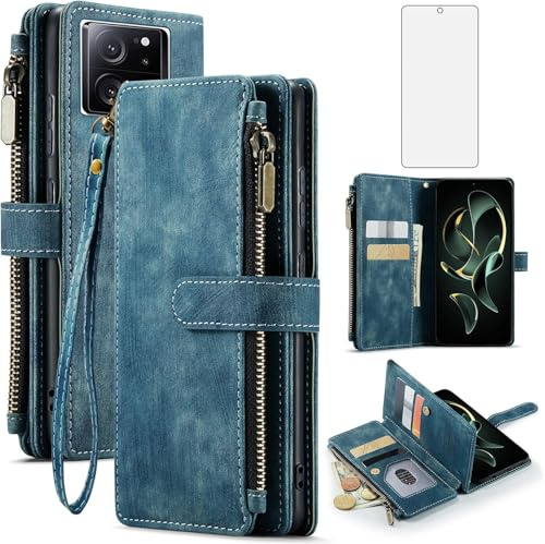 Asuwish Handyhülle für Xiaomi 13T/13T Pro 5G Hülle mit Folie Schutzfolie Kartenfach Klappbar Leder Geldbörse Ständer Redmi K60 Ultra/Mi 13 T T13 13TPro Handy Hüllen Schutzhülle Wallet Phone Case Blau