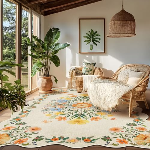 GthreeD Waschbarer Boho Teppich 160x230 cm - Großer Kurzflor Wohnzimmer Teppich - Orientalischer Vintage Design, Weich, rutschfest für Schlafzimmer, Esszimmer, Küchen,Gewellter Rand Blumen-Beige