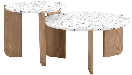 Moderner kombinierbarer Couchtisch im 2er-Set mit kunstvoll gemusterter Terrazzo-Optik Tischplatte & stabilen Holzbeinen, innovatives Nesting-Design für flexible Einrichtung (Weiß+Holzfarbe)