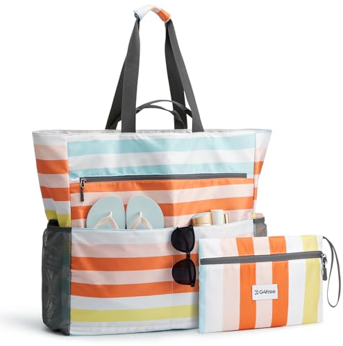 G4Free 35/50/80L - Bolsa de playa XXL para familia y baño, plegable, grande, resistente al agua, ligera, para compras, vacaciones en la playa y piscinas, Rayas del arco i, 80L