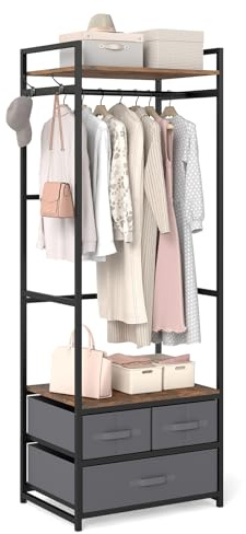 COSTWAY Clothes Rail, Freestanding Metal Garment Rack Coat Stand with Hanging Rail, 3 Fabric Drawers, Storage Shelf & Side Hooks, Industrial Open Wardrobe Clothing Organiser for Bedroom Closet Hallway