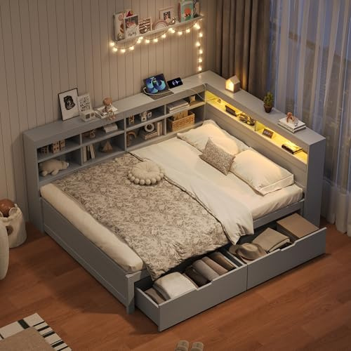 4ft6 Double Bed Frame with Side Bookshelf and Storage Drawers, Wooden Storage Bed with LED Lihghting & Charging Station, Functional Daybed Sofa Bed Guest Beds Youth Beds, Grey, No Mattress,135x190 cm