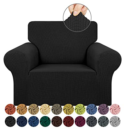 KEKUOU Stretch Single Sofa Slipcover 1 Piece Couch Sofa Cover (31-55) Furniture Protector 1 Seater Sofa with Elastic Bottom for Kids,Pet.Jacquard Small Checked Pattern Fabric(Small,Black)