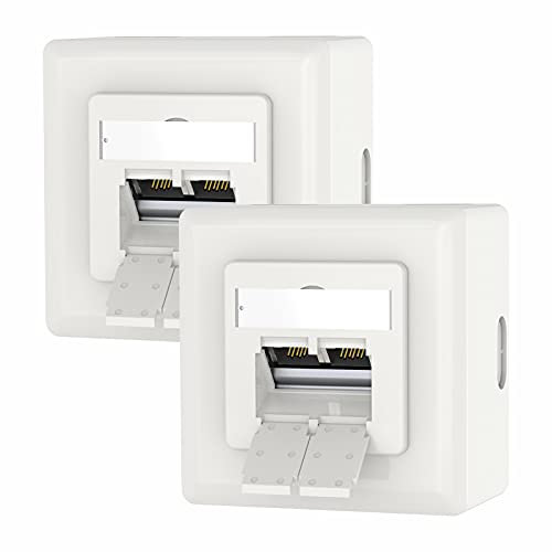 VCELINK Universal Netzwerkdose Cat6A, 2 x RJ45 Port Lan Dose, Datendose Aufputz oder Unterputz - Geschirmt, 10 Gigabit Ethernet Netzwerk RJ45 Dose, EIA/TIA 568A&B, Weiß, 2 Stück