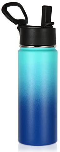 Volhoply 530ml/18oz Kids Insulated Water Bottle, Stainless Steel Water Bottles with Straw Lid, Wide Mouth Double Wall Vacuum Sports Travel Flask for Cold Drink (Green Blue,1 Pack)