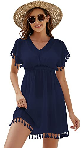 Onfettic Damen Strandkleid Sommer Badeanzug Strandtunika Chiffon Strandponcho Sommerkleider Bikini Cover mit V-Ausschnitt (Blau, L)