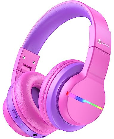 iClever BTH12 Kids Bluetooth Headphones,Colorful LED Lights Wireless Kids Headphones,74/85dBA Volume Limited, 85H Playtime,Bluetooth 5.2,Over Ear for School/Tablet/PC, Hot Pink