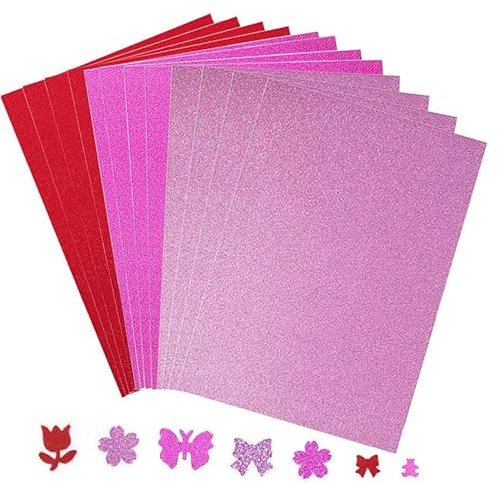 12 Blatt Glitzerpapier zum Basteln und Gestalten,21x29.7cm A4 Bunt Glitzer Papier,250g/m² Glitterkarton Bastelpapier für DIY Grußkarten Scrapbooking Glitter Craft Paper Cardboard,3 Stile Rot