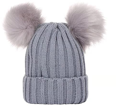 PythJooh Baby Winter Warm Hat Kid Cute Pom Pom Wooly Crochet Hats Beanie Hats for Baby Girl Boy Kids 0-3Years Grey