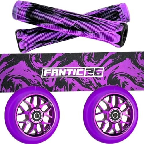 Fantic26 Stunt-Scooter Trick Roller Ersatzteile Bundle I Ethic DTC Slim Griffe mit Integrierten Barends I F26 Spy7 110mm Abec11 Rollen I Griptape Swirl Schwarz/Lila