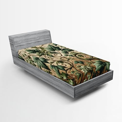 ABAKUHAUS Blattdruck Spannbetttuch, Wirbelnde Äste Efeu, Soft Stoff Bettwäsche Rund-um Elastischer Gummizug, 90 x 200 cm, Hellbraun Jägergrün