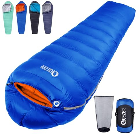 QEZER Sacco a pelo 4 stagioni, leggero, invernale, da 0 gradi a -12 °C, per adulti e bambini, per campeggio, escursionismo e viaggi con zaino in spalla, imbottito 600+FP (blu zaffiro)