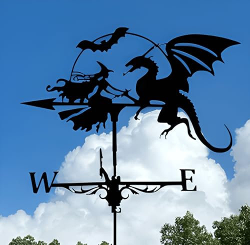 Wetterhahn Hexe und Drache, Wetterhahn fürs Garten Dach Gartenhaus, Metall Hexe-Drache Windfahne Wetterfahnen, Kreative Windanzeige Dekoration Retro Windrichtungsanzeiger Weathervane (Schwarz)
