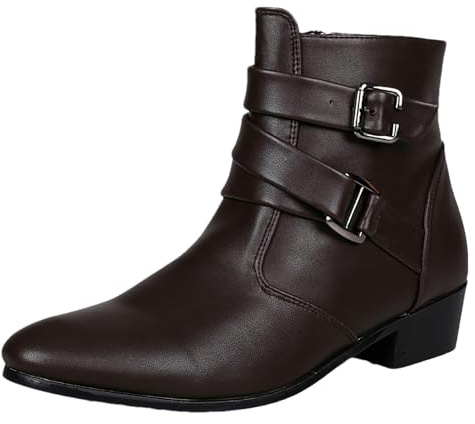 ANUFER Hombre Ocidental Talón Punta Afilada Tobillo Botas | Cremallera Lateral, Tirantes con Hebilla Ajustable, Cuero de Microfibra, Guapo, Botines de Vestir, Talla Grande
