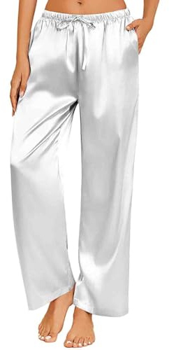 Silk Pyjamas Bottoms for Women UK Sale Clearance,Ladies Lounge Pants Satin Silk Wide Leg Sleepwear Casual Loose Elastic Waist Pj Pants Nightwear Loungewear Pajamas Bottoms Trousers White