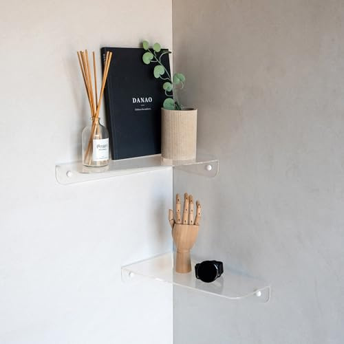 MILUKA Estante Flotante de Metacrilato Transparente 30 x 15 cm | Pack de 2 | Estante Acrílico Adhesivo para Rincón o Esquina | Baldas Pared en ángulo, Ideal para Baño, Salón o Cocina