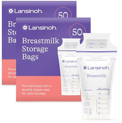 Lansinoh Breast Milk Storage Bags Breastmilk Pouches for fridge or freezer use, store flat or standing, BPA and BPS free, pre-sterilised, double zipper seal, Pack of 100