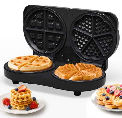 Sunvivi Dual Waffle Maker: Heart Waffle & Classic Waffle Iron with 2 Adjustable Temp Knobs, Nonstick Waffle Machine with Indicator Light, Easy to Clean, The best gifts for Her, Kids and Families