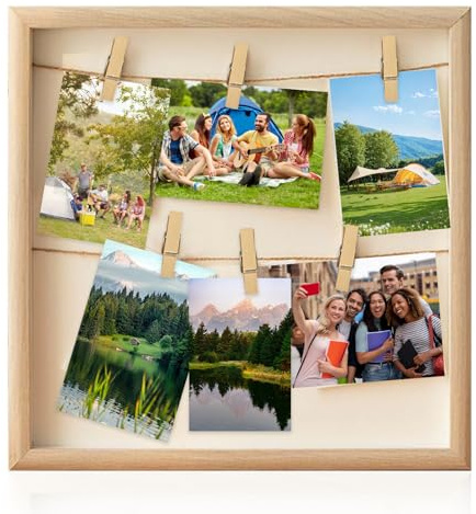 NCOALE Marco de fotos collage, marco de fotos 3D para rellenar, madera, collage de fotos boho, 32 × 32 cm, pared de fotos con grapas, cuerda para crear fotos creativas