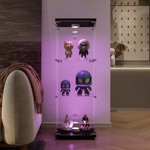 BRILVERDE Glasvitrine Stehend, Stehvitrine mit LED, 3-Stöckige Sammlervitrine mit 2 Türen & Schloss - für Sammler, Bücher, Wein, Büro, Wohnzimmer (Schwarz, 125 x 42 x 36 cm)