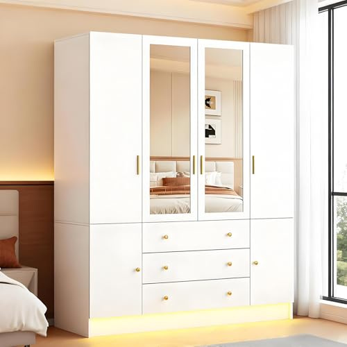 CayugaCrekrd 4 Doors LED Wardrobe Closet, 75 Tall Modern Armoire with Mirror & 3 Drawers, Wooden Armoire Wardrobe Closet for Bedroom, Hanging Rod, Freestanding Clothing Storage Cabinet, White