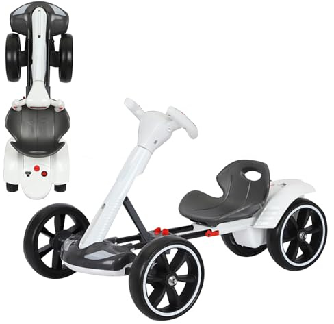 Kart Electrico Niño Plegable, Kart Pedales Niño 3-8 Años con Asiento Ajustable En 2 Posiciones Botones Avance Y Retroceso Vehículo Ruedas De EVA Y Marco Metálico Carga 30 Kg (White, Regular)