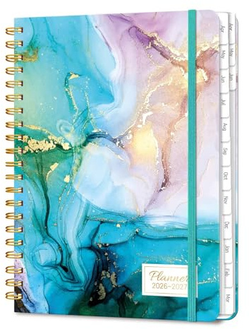 Lonely Oak Academic Planner 2026-2027, Daily Weekly and Monthly Agenda Planner 6.18 x 8.5 with Tabs, 15 Months Spiral School Year A5 Calendar from Apr.2026 to Jun.2027 for Student and Teacher (Cyan Marble)