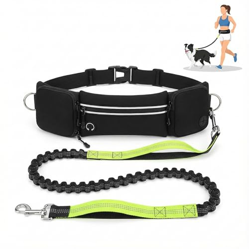 Shmidgoo Hands Free Dog Leash 3 Zip Pounchs with Reflective Strips Poop Bag Dispenser,Waist Belt Fanny Pack Waterproof,Dual Handles and Durable Bungee for Dog Walking,Jogging and Running (black-green)