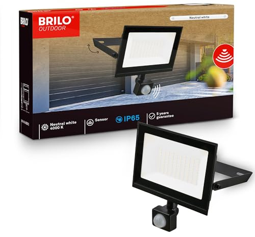 BRILONER - Faretto LED da esterno con sensore di movimento, luce bianco neutro, 20W 1800 lm, orientabile, IP65 resistente a polvere e getti d’acqua, faro per giardino e garage, 17,5 x 21 x 4 cm, Nero