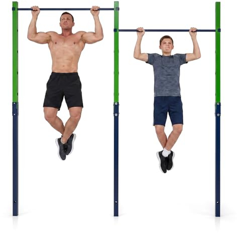COSTWAY Outdoor In-Ground Pull Up Bar Station, Heavy Duty Metal Chin Up Bar with 5 Adjustable Heights and 2/3 Ground Anchors, Single/Double Free Standing Fitness Equipment (Navy+Green, Double)