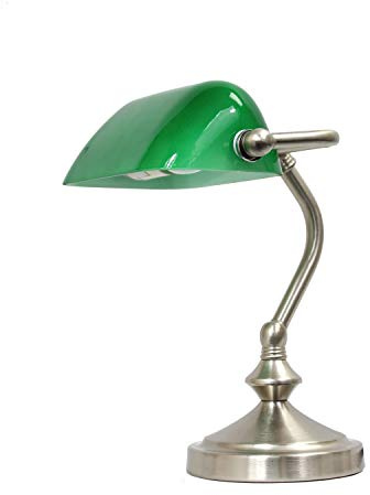Simple Designs LT3057-GRN Brushed Nickel Mini Traditional Banker's Lamp with Glass Shade, Green