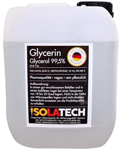 ISOLATECH Glycerin 5-litersdunk 99,5% Farmaceutisk Kvalitet Innehåll 6kg | Glycerol, Rent Vegetabiliskt, Uppmätt till 99,98%, Transparent, Flytande, För Livsmedel/Kosmetika, Tillverkad i Tyskland