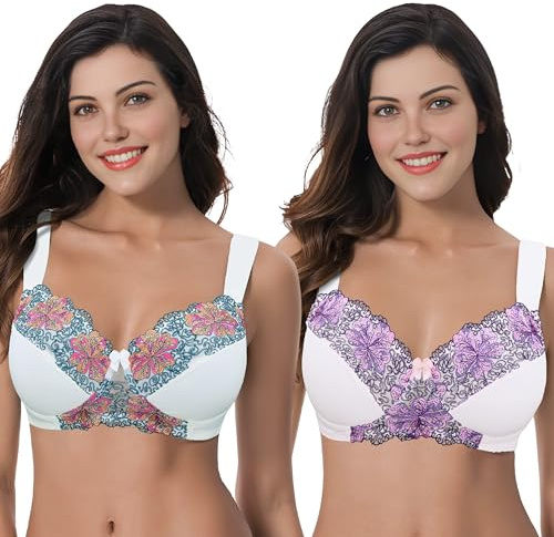 Curve Muse Soutien-Gorge sans Fil sans Doublure Taille Plus pour Femmes avec Dentelle brodée-Paquet de 2-Babeurre, Teinte D'Orchidée-110G