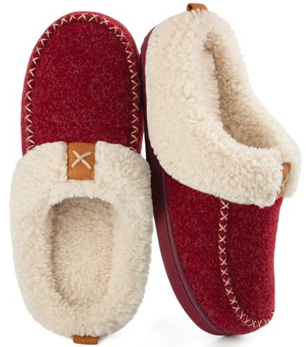 LongBay Women's Winter Slippers, Memory Foam Fluffy Moccasin House shoes with Warm Plush Fleece Lining Slip-On for Indoor Outdoor (7-8 UK, Red)