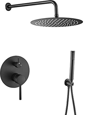 VALAZ Ducha Empotrada Negro Mate | Ducha Monomando 2 Vías, Rociador Efecto Lluvia | Instalación en Pared Fácil y Rápida | Inoxidable, Redonda, Rociador 25 cm, Serie Jucar