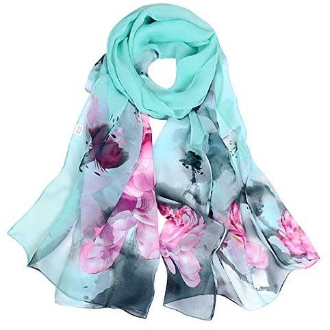 Ladies Floral Chiffon Scarf - Sunscreen Fashion Scarf Flower Print Lightweight Head Scarf Scarves Shawls Wrap For Women (LakeBlue)