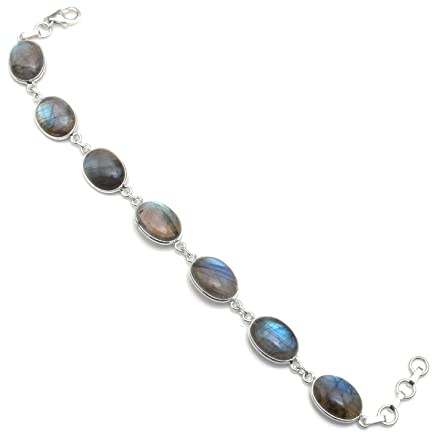 Silver Palace Pulsera de eslabones de piedras preciosas de labradorita de 7 a 8 pulgadas, joyería de plata de ley 925 para mujeres y hombres, 20,32 cm , Plata, labradorita