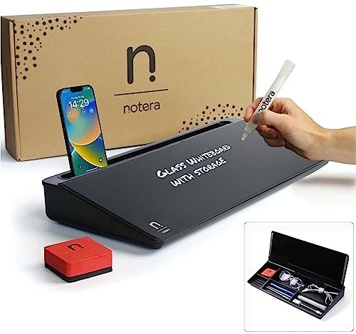 Notera Wedge Desktop Glass Whiteboard - Great Desk Organiser and Accessory for Home Or Office - Never Need Sticky Notes Or Note Pads Again (Small (40cm), Midnight Black)