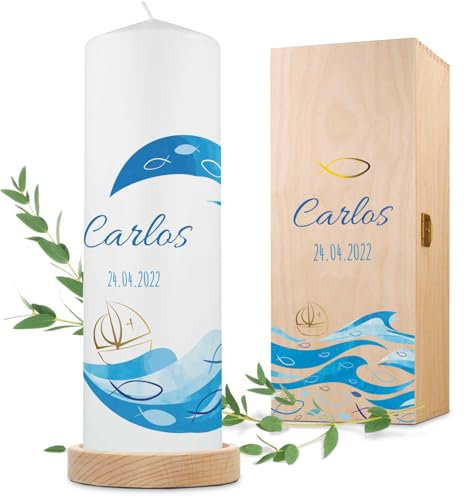 GRAVURZEILE Bedruckte Kerze - Taufkerze Welle - brilliant bedruckte Kerze zur Taufe - Personalisiertes Taufgeschenk für Mädchen & Jungen - Hochwertige Stumpenkerze 250/80 mm