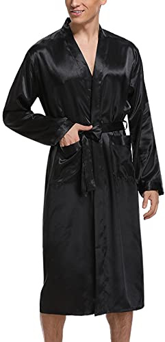 Irdcomps Jacka Herr Satin Badrock Herrmorgonrockar Satin Kimono Pyjamas Långärmad Nattlinne med bälte och ficka Loungewear och Nattkläder för Hem Hotel Spa, 3#Svart, XL