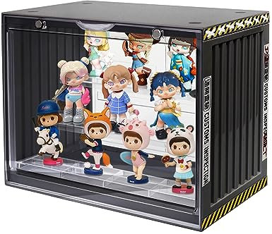 Acrylic Clear Display Case Dustproof Blind Box Transparent Storage Showcase Figurines Collection Cube for Toy Dolls Models Gift with Personalized Graffiti Stickers Self Adhesive Stickers (Black)